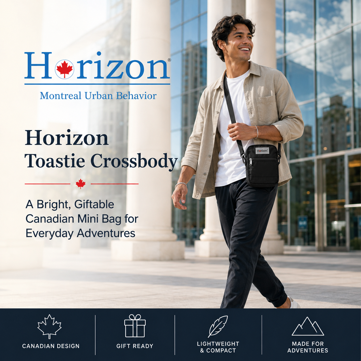 Horizon Toastie Crossbody Bag lifestyle poster showing a black mini bag in an urban setting